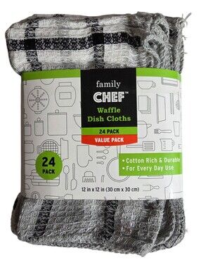 🔥4/$20 Family Chef Waffle Dish Cloths NEW 24 Pack -Black/White Plaid -12"x12"